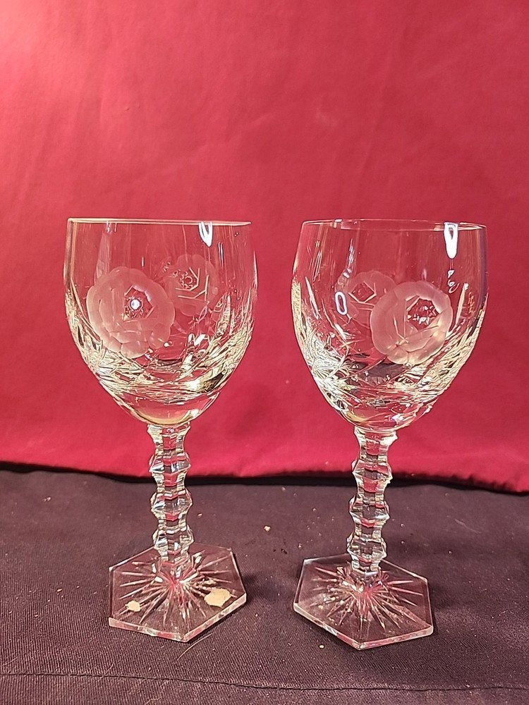 Bohemian Lead Crystal Wine Glasses Hand-cut W/Frosted Rose on Bowl,Hexagon Base