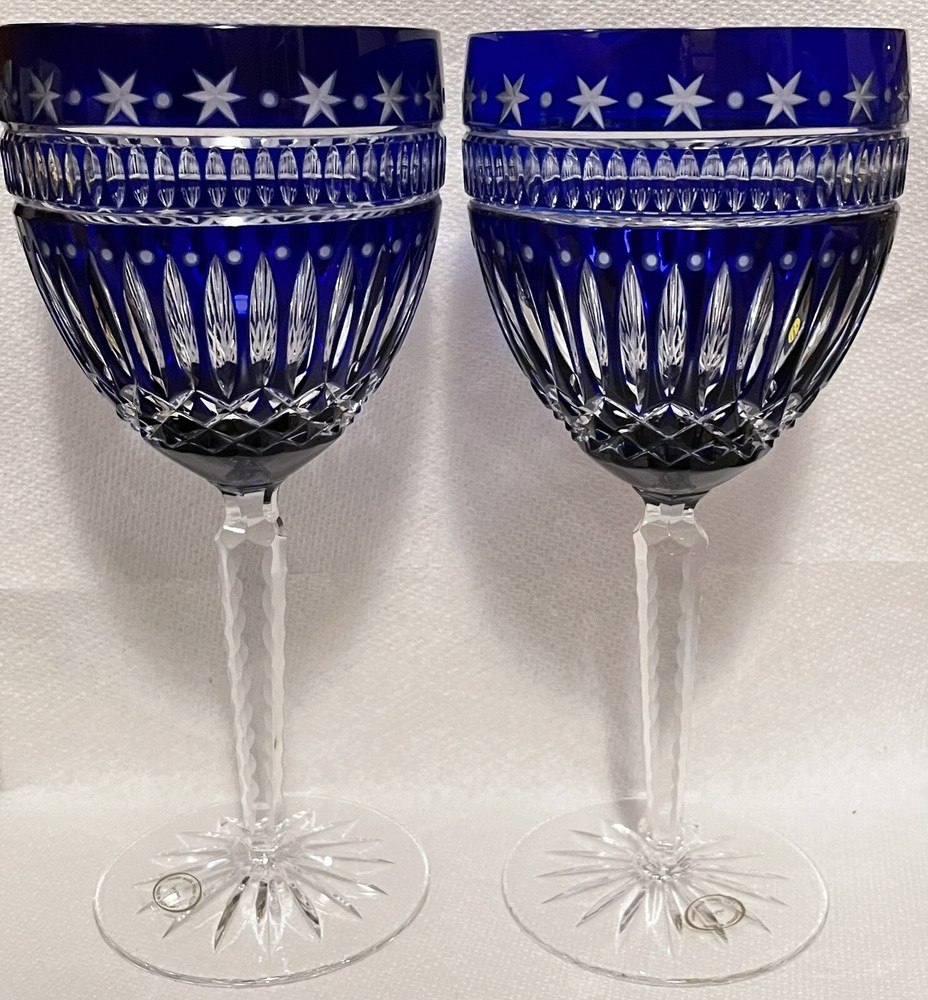 Cobalt Hungary Crystal Star Design 8.75” Wine Goblet Cut Stems Set Of 2 Unused