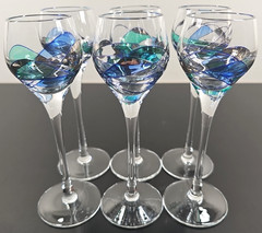 6 Mosaic Cordial Glass Set Elegant Multicolor Stained Blue Line Bar Stemware Lot