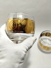 (4) VITO BARI GOLD ROLY POLY Cocktail Glass~CULVER Style Bar Glass~3″x3~22k Gold