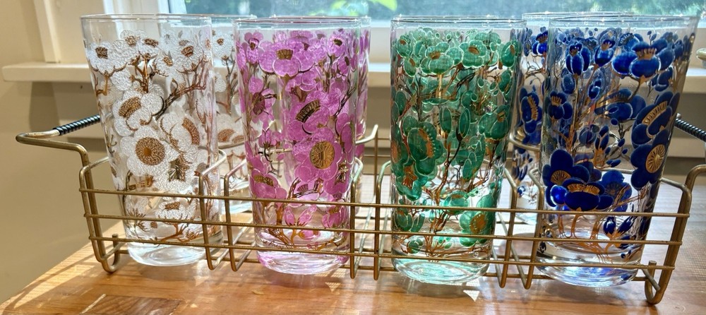 Vintage SET of 8 Fred Press MCM Floral Multicolor Highball Glasses with tray