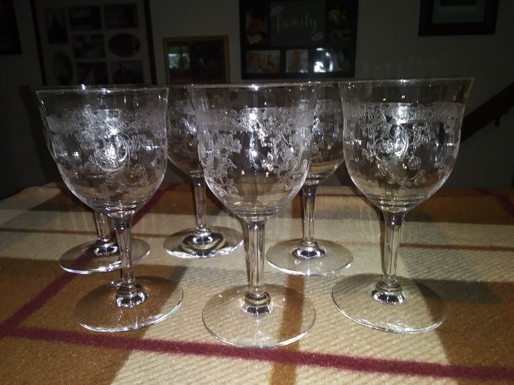 6, Central Glass Works Etch 11 Wine Glasses Circa 1905-1919