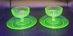 Hazel Atlas Green Ribbon New Century Sherbet & Underplates, Set of 2, GLOWS!