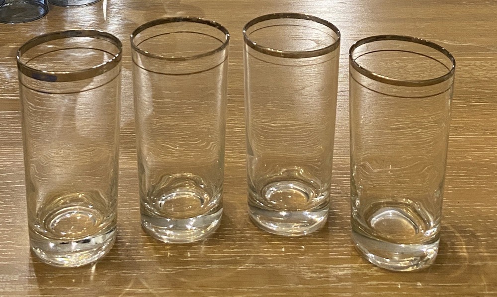 Vintage Tumbler Drinking glasses with gold rim double ringed clear glass