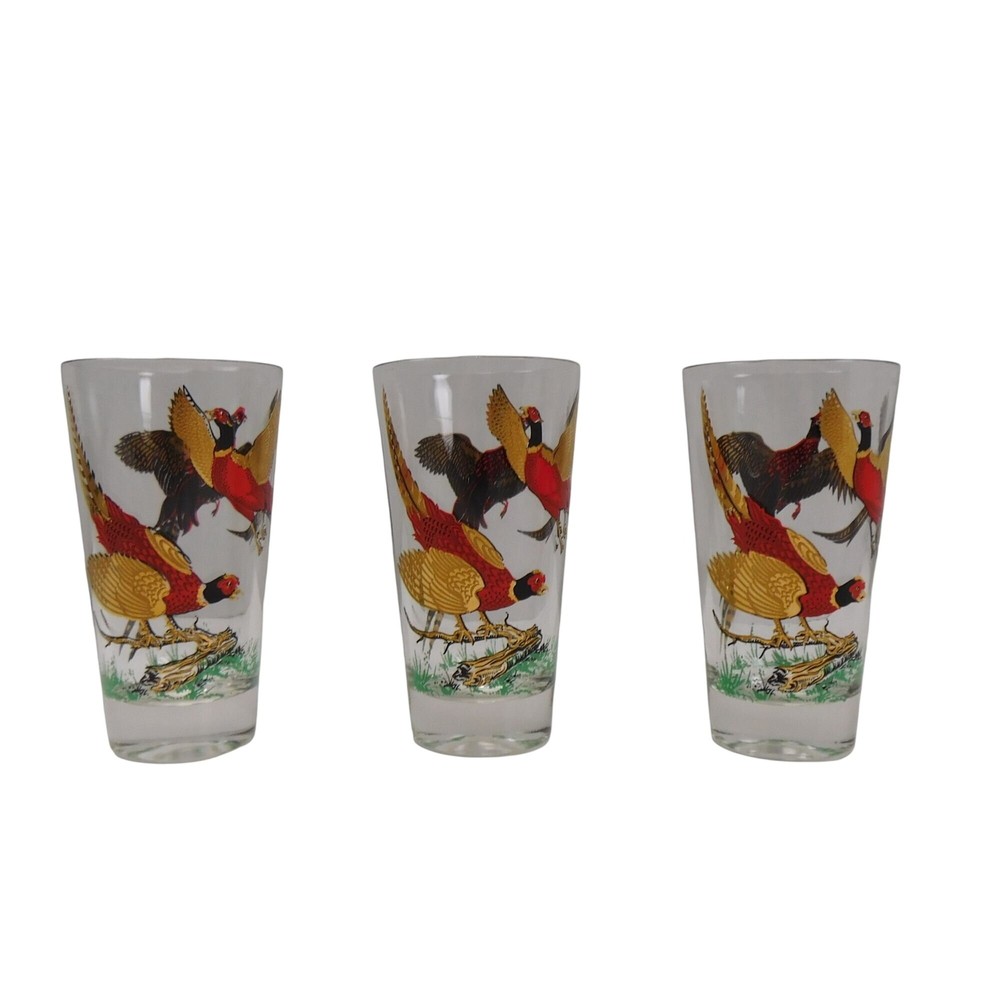 Lot Of 3 Vintage Hazel Atlas Glass 10oz. Tumbler Flying Pheasants