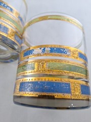 Vintage MCM Modern Culver Empress Blue Green Gold Old Fashioned Glasses Pair