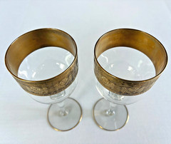 2 Pc Glastonbury Lotus Goldenrod Pattern Water Wine Goblets 22K Gold Encrusted