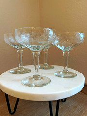 Floral Champagne Coupe Glasses, Set of 4, Vintage Unmarked Stemware