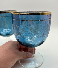 2 Vintage Bartlett Collins Vining Blue Glass Goblets Thumb Print Gold Trim