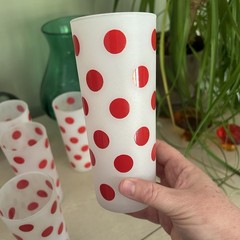 Vintage Red Polka Dot Frosted Glass Tumblers MCM Set Of 6 Anchor Hocking?