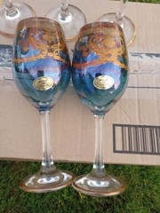 Murano Prezioni Italian Wine Glasses Blue/W 24k Hand Applied Accent Set Of 6 New