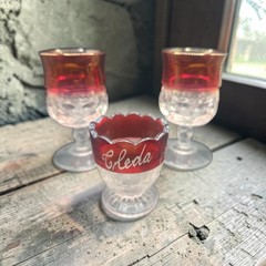 2Vtg Kings Crown Ruby Indiana Glass Thumbprint Cordial & Flash Souvenir Cup 1936