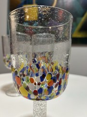 Set of 3 Hand Blown Confetti Art Glass Wine Goblets Murano Style 9in