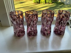 MCM Splatter Glass Art glass tumblers set a 4, rare. Mid 25th century.