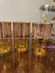 Vintage Crown Dynasty Amber Barware Gold Gilt Filigree Elaborate Design Set Of 4