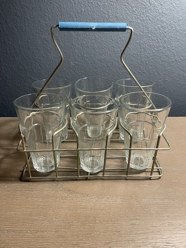 Vintage 6 Glass Juice Tea Tumbler Set w Wire Carrier Mid Century
