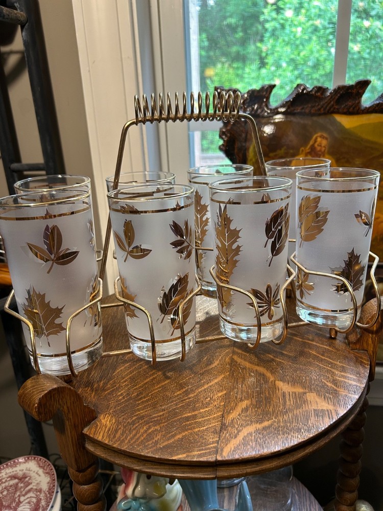 Vtg Mid Century Libbey Glasses Gold Oak Leaf Frosted Set of 8 with Metal Caddy
