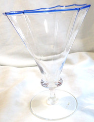 MORGANTOWN~ 12 PANELED GOBLET WITH BLUE RIM HAND SIGNED ELITUFF?~5 7/8″ TALL