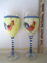 Set Of 2 Painted Glass Rooster Wine Glasses 8.5″