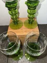 Antique German Theresienthal Barvaria Green Ribbed Baluster Stem Wine Glasses 4