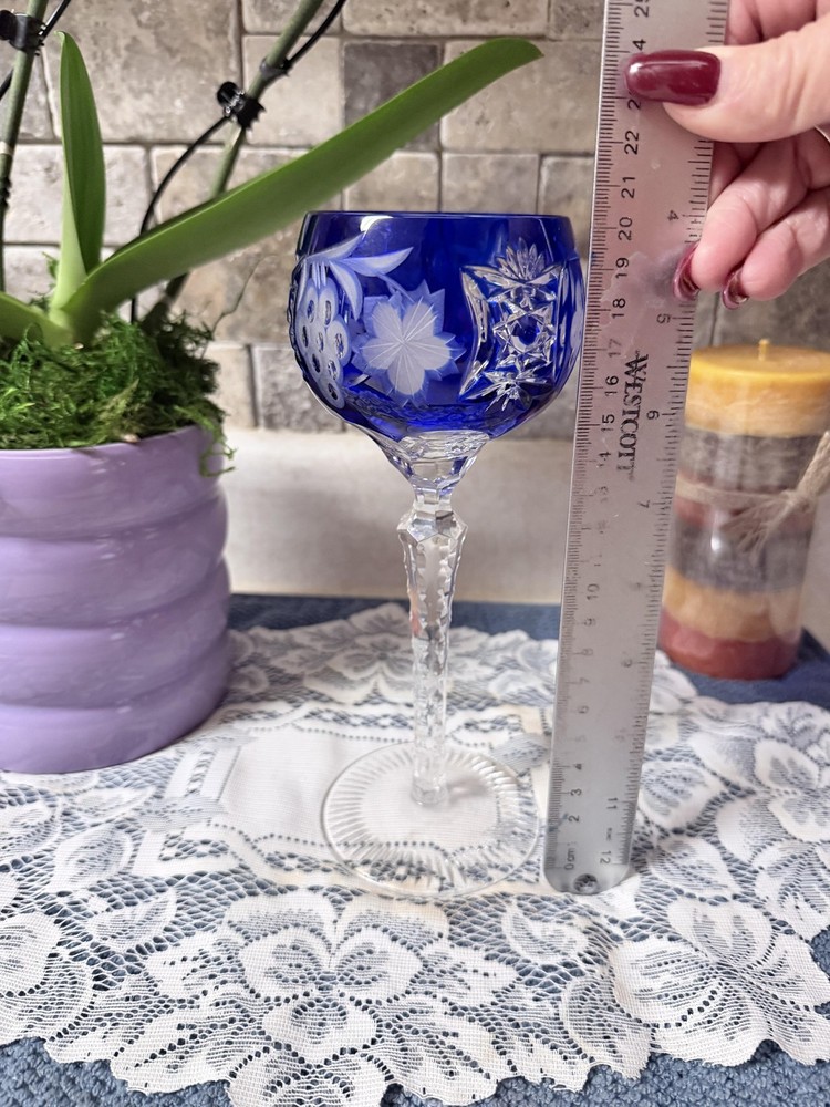 Bohemian Cobalt Blue Cut Crystal Wine Glass Floral Grapes Tall Stemware Decor