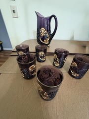 EAPG RIVERSIDE GLASS AMETHYST GOLD DÉCOR. CROESUS WATER SET PITCHER 6 TUMBLERS