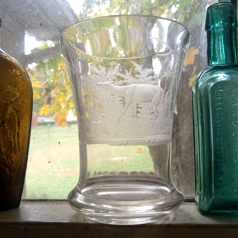 1841 DATED GERMAN CUT ENGRAVED GLASS DEER SCENE BEAKER DRINKING GLASS SCARCE