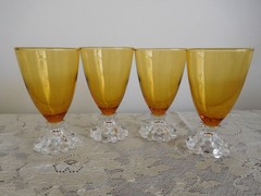 1960s Hocking Berwick Boopie Bubble Amber & Clear 4-1/2″ Wine/Juice Glasses 4