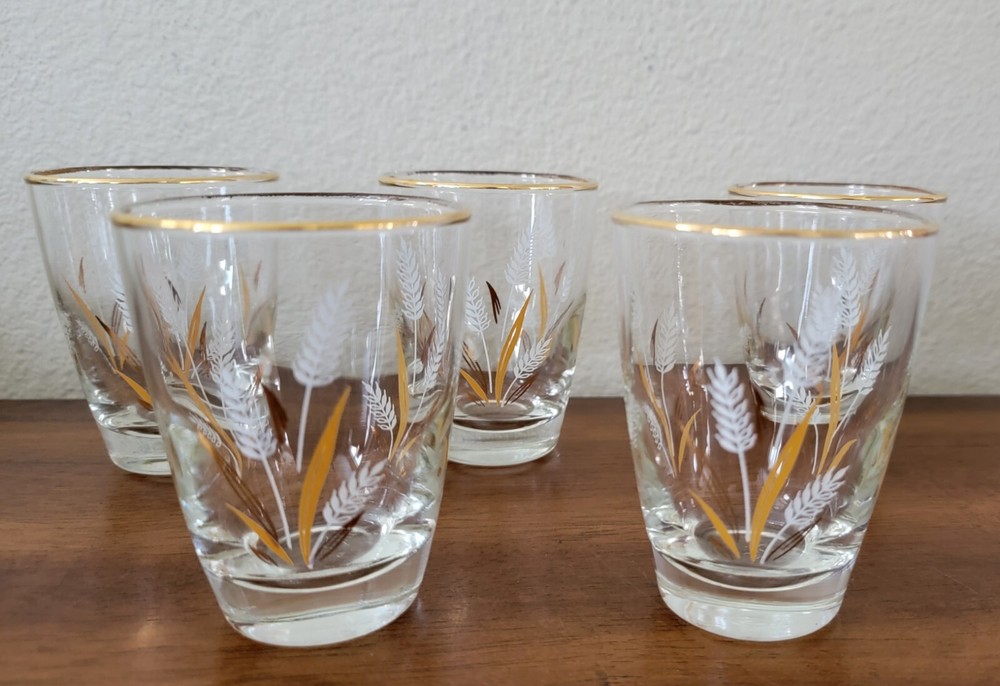 Libby Gold Wheat Glasses Juice Cups. 3.5″ Tall. Vintage 1960s Set of 5.