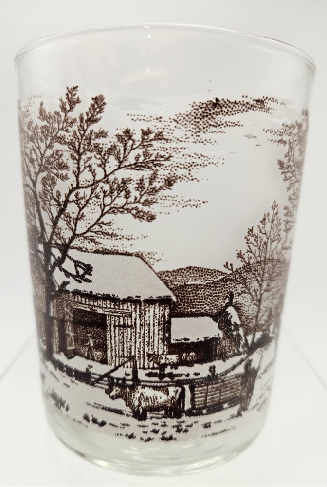 Vintage Currier and Ives Lowball Drinking Glass Barware ‘Home to Thanksgiving’