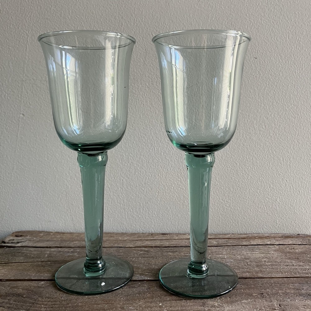 Set of 2 Mexican Recycled Hand Blown Glass Sea Green Wine/Water Goblets