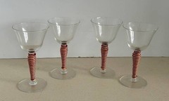 MCM Champagne Coupes – Clear Glass w/Red & Yellow Striped Spiral Rattan Wrapped