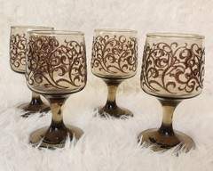 Vintage 1970 Libbey Glass Prado Tawny Smoked Raised Scroll Wine Glass Set 4