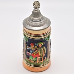 Original Vintage Signed German Ceramic Hand Painted Glazed Pewter Lid Beer Stein