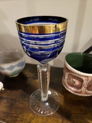 Moser Bohemian 8in Goblets crystal Cobalt Blue Cut to Clear with Gold Trim