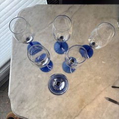 Set Of 6 9-1/8″ Tall Wine/Champagne Glasses Colbalt Stems A Few Poks During Pro.