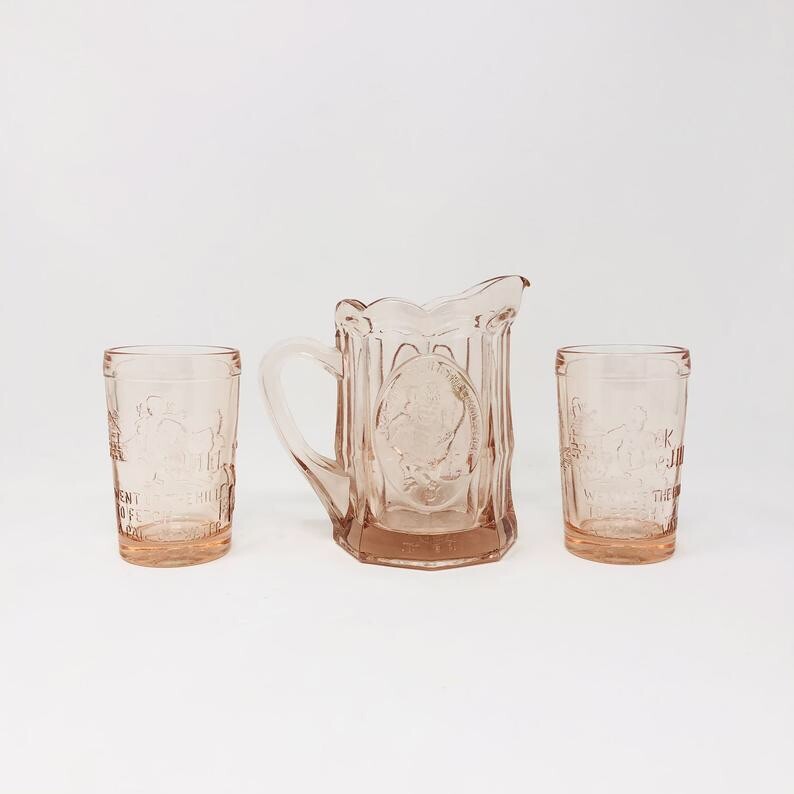 Tiara Indiana Glass Pink Child’s Nursery Rhyme Tumblers & Pitcher Beverage Set