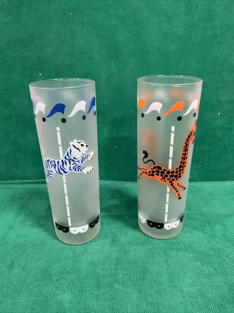 Libbey MCM Carousel MERRY Go Round Glasses Tom Collins Frosted 16oz. Lot of 2
