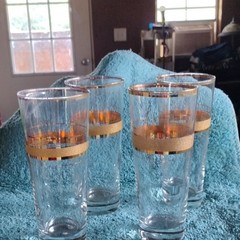 Set of 4 Vintage Clear Glass Tumbler Glasses with Decorative Gold Band