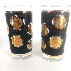 Vintage Cocktail Bar Drinking Glasses w/ Coin design Black & Gold US Coins MCM 2