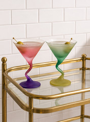 Vintage Blendo Frosted Martini Glasses Set of 2 Bent Stem Cocktail Glasses Mid