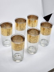 6 Vtg CULVER STARLYTE Highball Hollywood Glam Glasses w/Ornate 22K Gold Bands