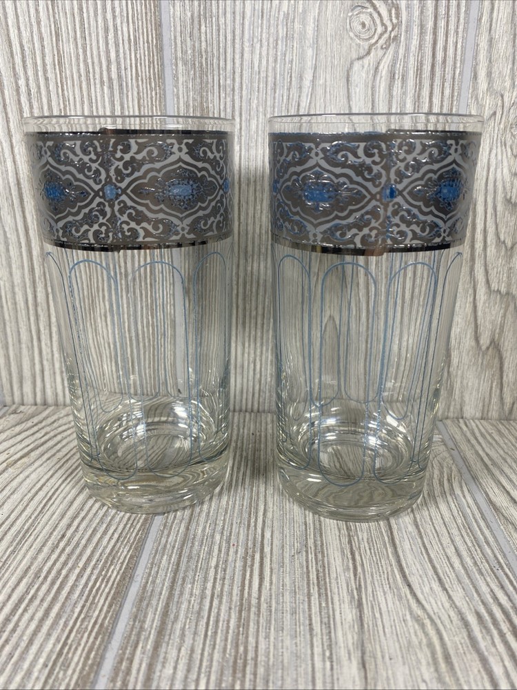 Vintage RARE MCM Culver Silver and blue high ball barware glasses set of 7