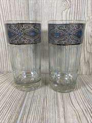 Vintage RARE MCM Culver Silver and blue high ball barware glasses set of 7
