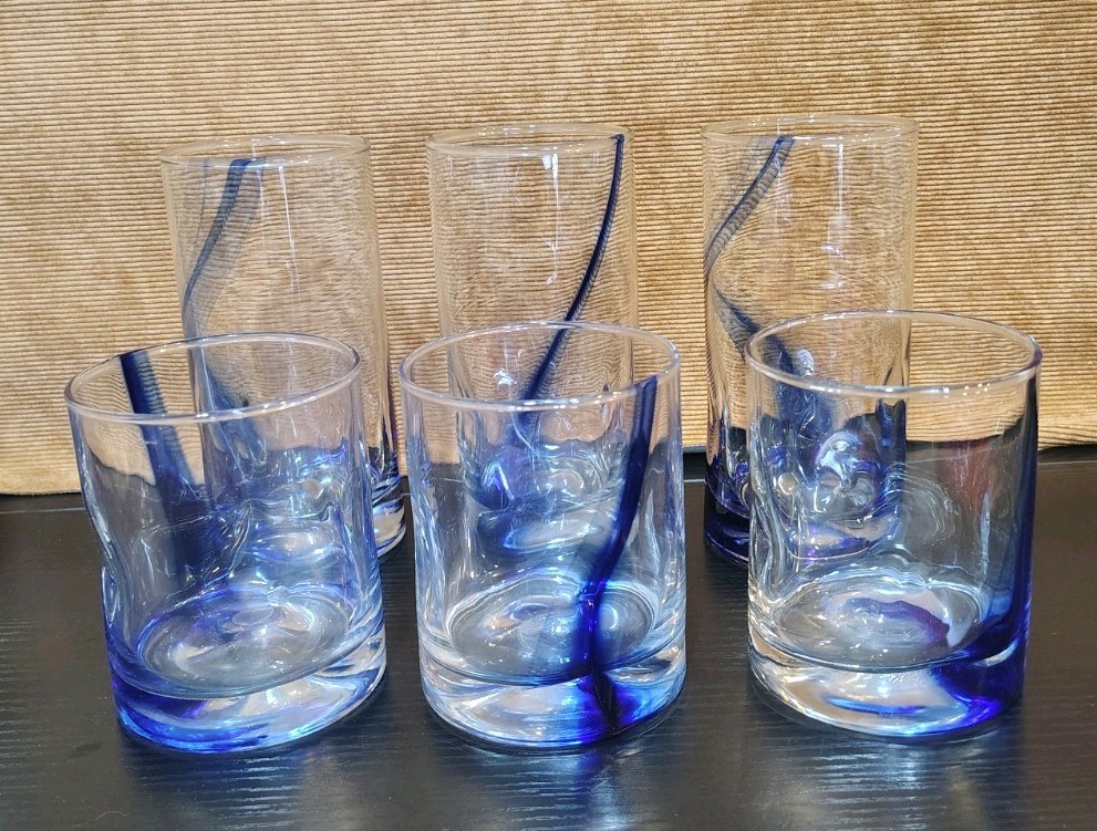 Set of 6 Libbey Blue Ribbon Impressions Cobalt Stripe Dimpled Rocks Glasses