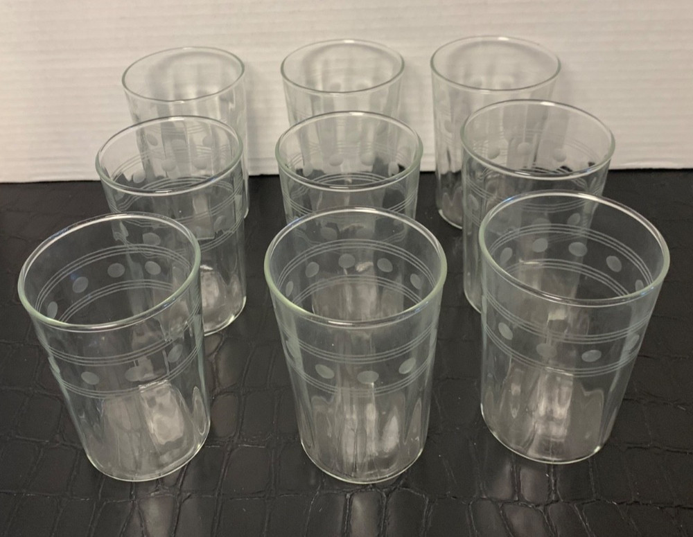 Vintage Anchor Hocking Glasses 4″Tall Tumblers Circle & Stripe Pattern Qty 9