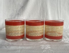 Georges Briard Lowball Rocks Glasses MCM Orange Stripe Rattan Pattern Set of 3