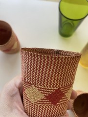 Yellow Green Set 4 Juice Cocktail Glasses Vintage Woven Boho Coaster Sleeves