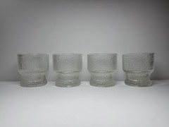 Vintage Krosno Poland Bark Textured Ice Glass Footed Tumblers Set of 4 MCM