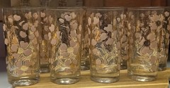 MCM Fred Press Pink & Gold Dogwood Highball Glasses Vintage Barware Cocktail Set